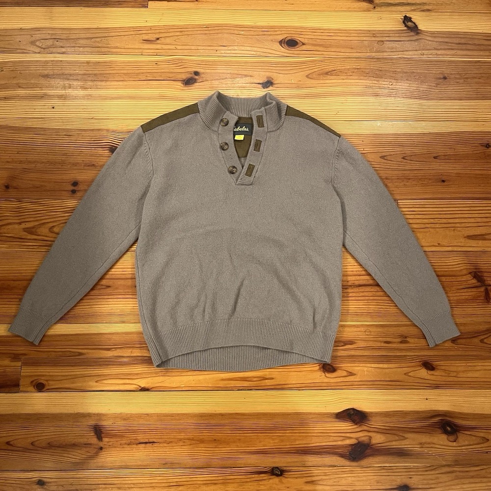 Cabelas 100% Lambs Wool Henley Sweater Men's XL Faux Leather Trim Brown